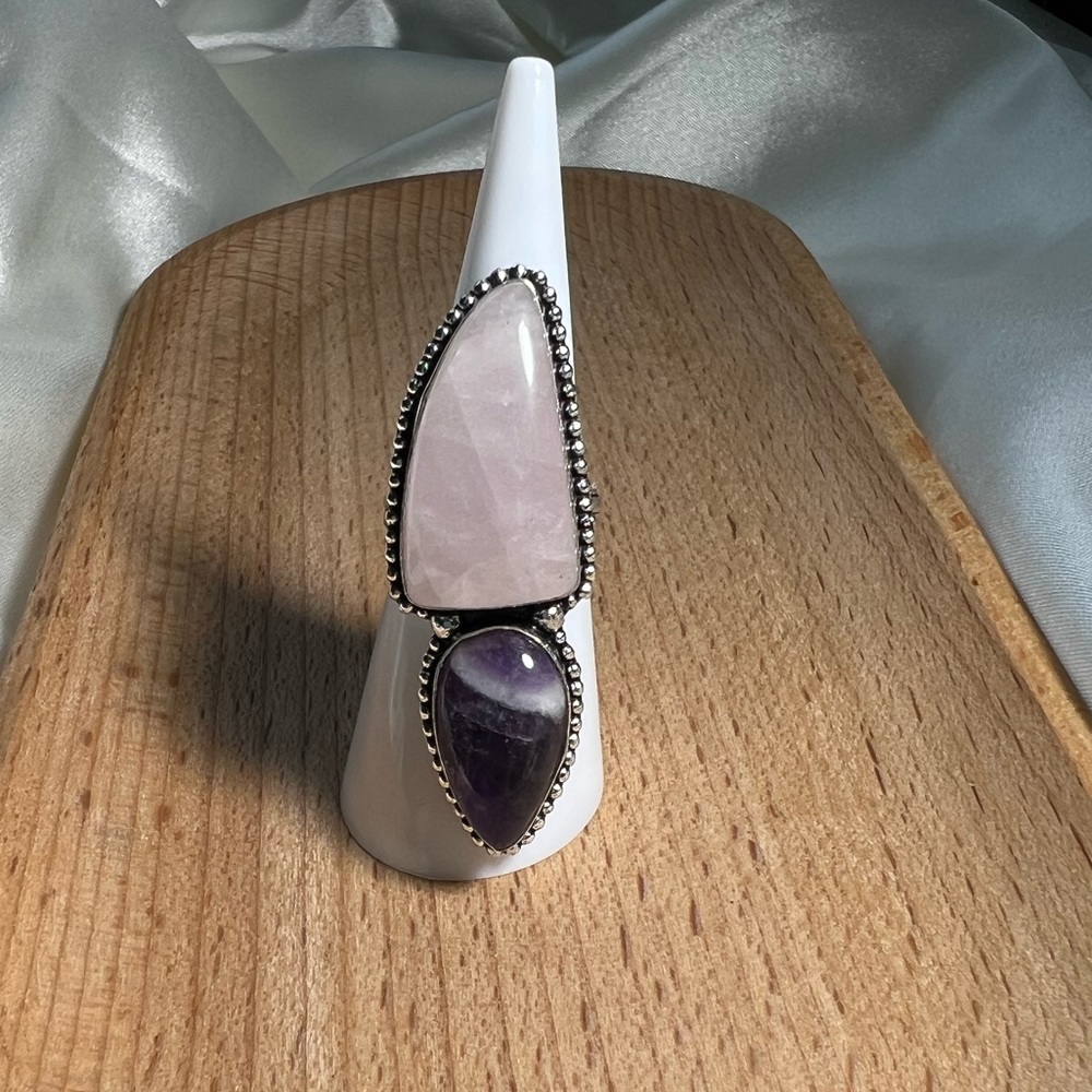 Rose Quartz & Amethyst 925 Double Ring Size 6.75 - Picture 2 of 7